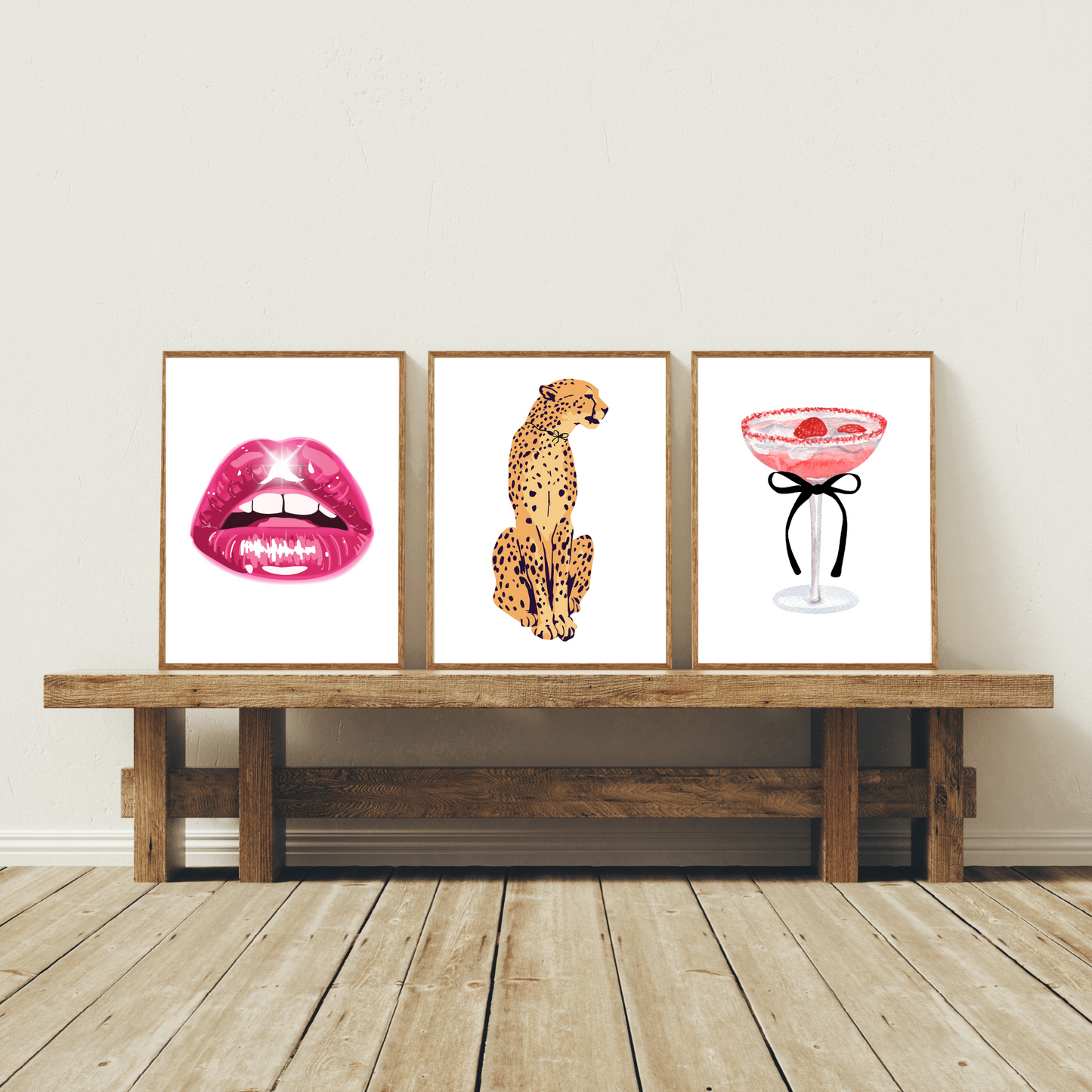 Trendy Trio: Cheetah Print, Stylish Drinks & Bold Lips Digital Art Set