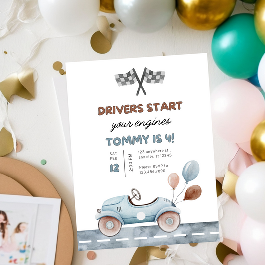 Instant Download Cars Birthday Invitation | Digital Download | Adorable Race Car Theme Party Invite