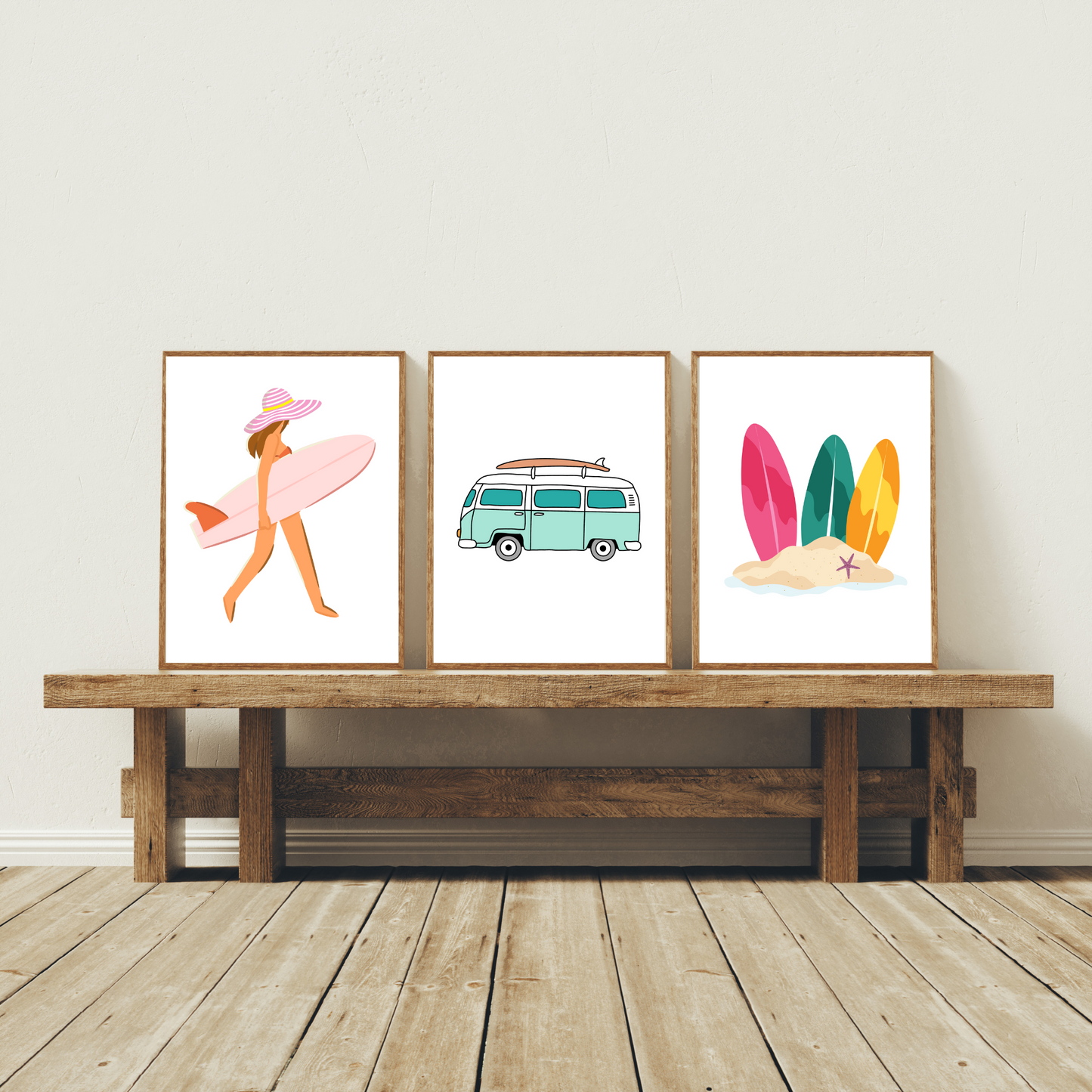 Surfer Girl Set of 3 Digital Art Prints - Coastal Beach Wall Decor, Boho Surf Vibes, Ocean-Inspired Artwork for Instant Download