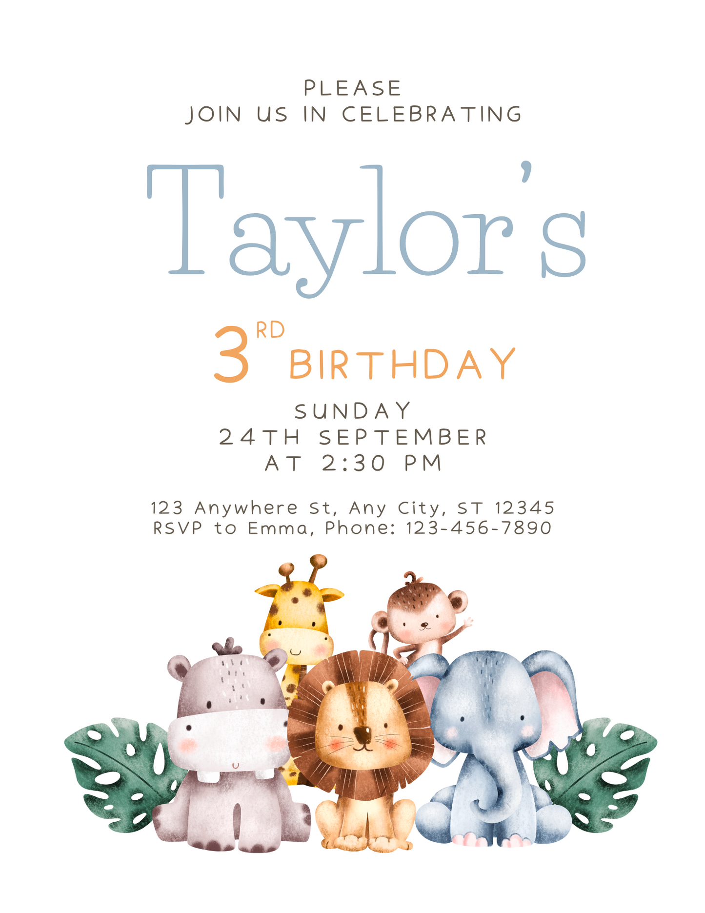 Instant Download Customizable Kids Animal Themed Birthday Party Invitation | Digital Download | Editable Party Invite