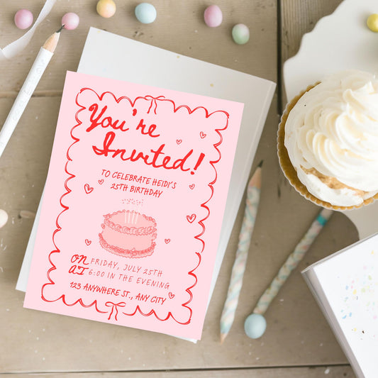 Pink Customizable Digital Birthday Invitation Template - Editable and Printable Party Invite